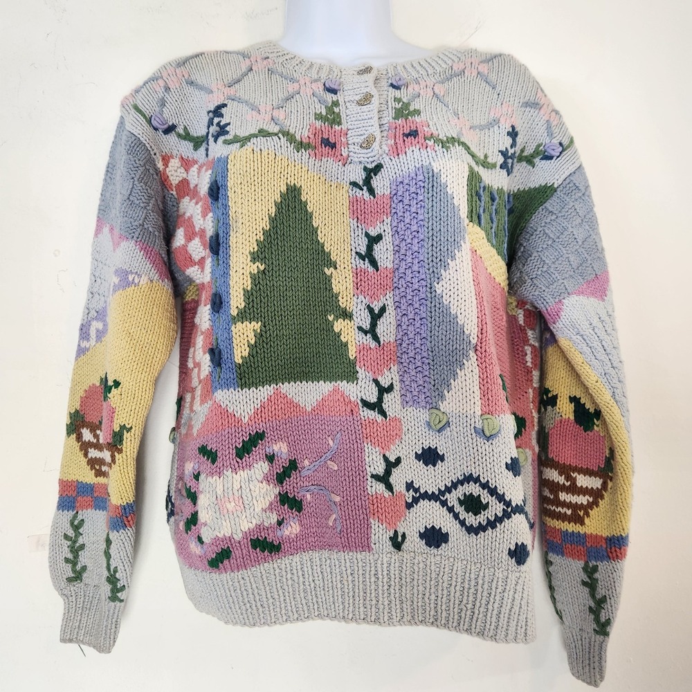 Vintage 90s Eagles Eye Sweater S Pastel Floral Cottagecore Grandmacore Cotton